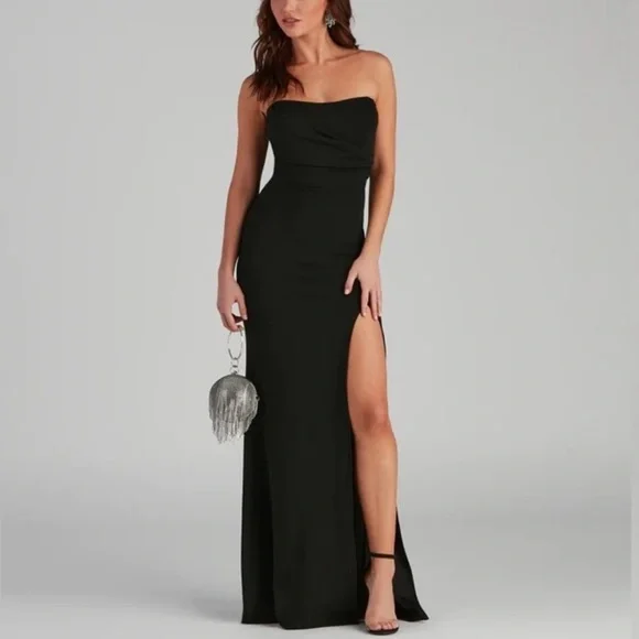 Kaia Strapless High Slit Formal Dress in Black | Size: S | Rhinestone | Windsor Kaia Strapless High Slit Formal Dress in Black | Size: S | Rhinestone | Windsor